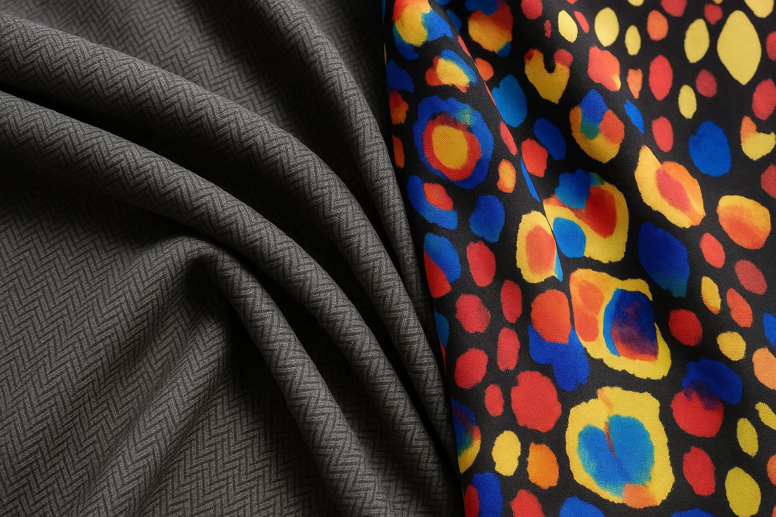 Close-up van diverse athleisure stoffen, inclusief getextureerd en glad materiaal.